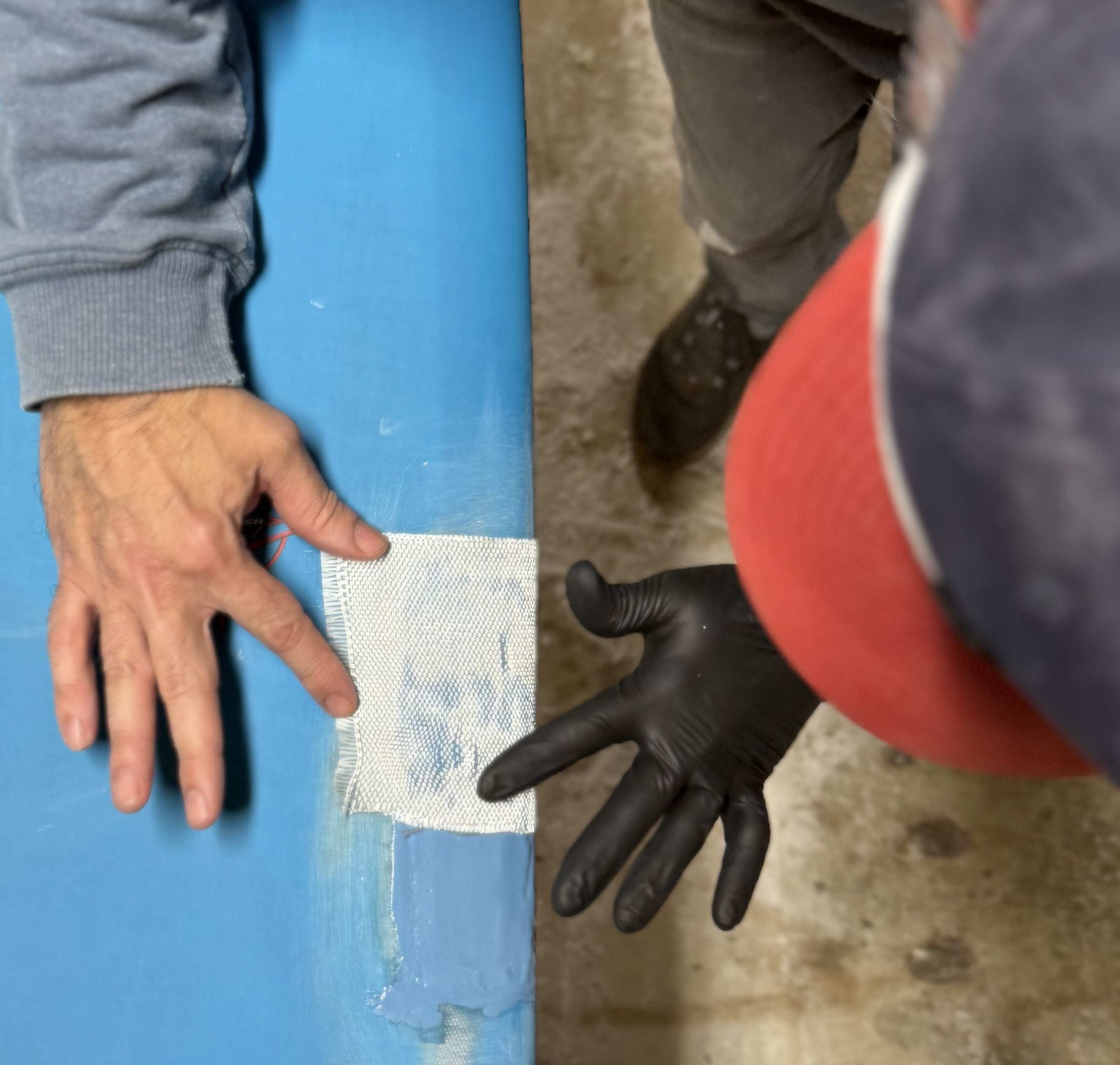 Surfboard repair bench with epoxy work
