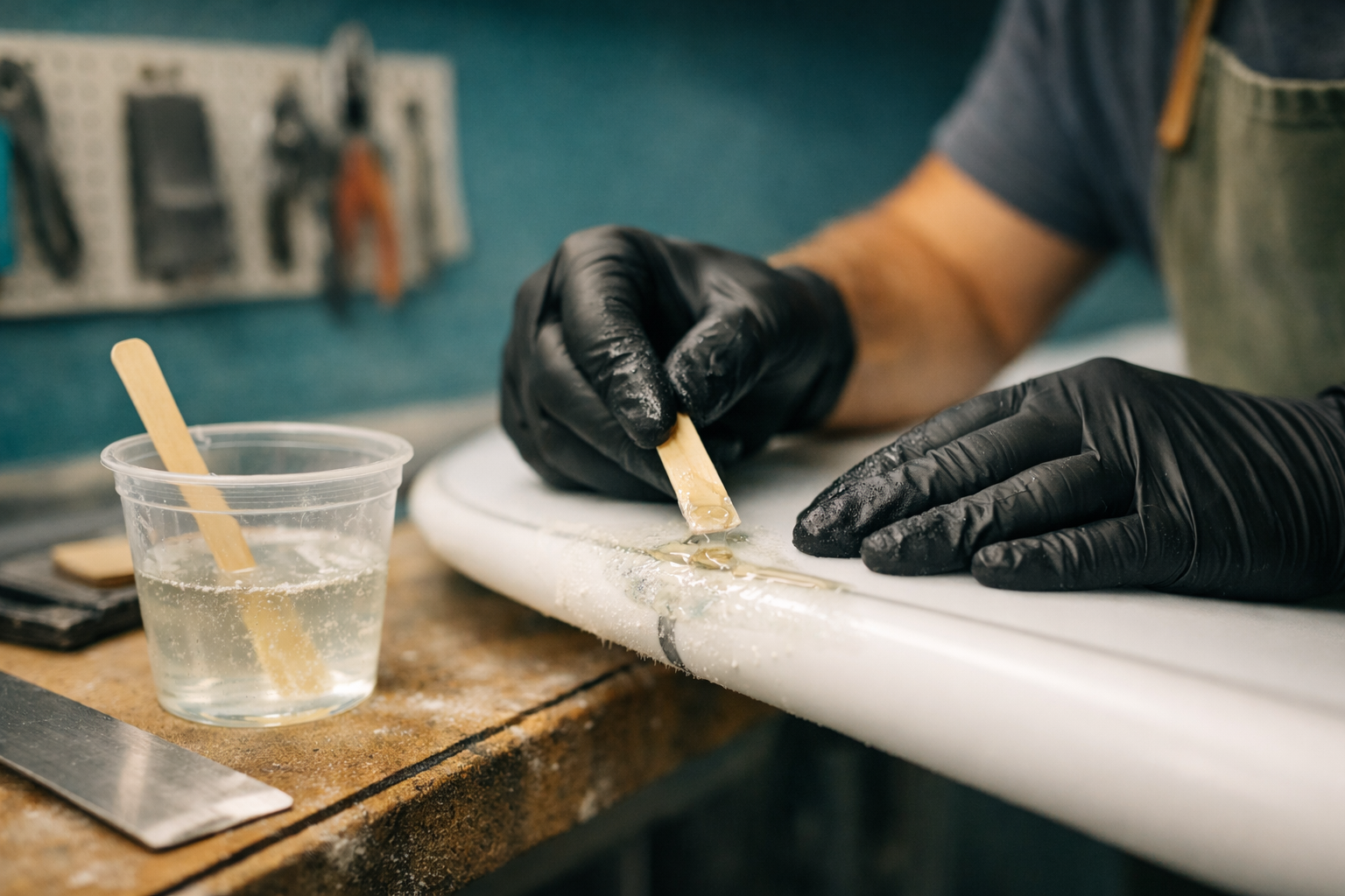 Surfboard repair work in the Pine Coast glass shop