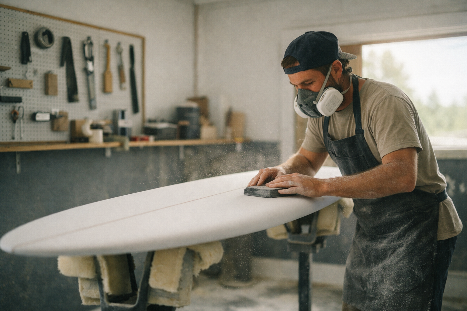 Pine Coast shaper sanding a board in the bay